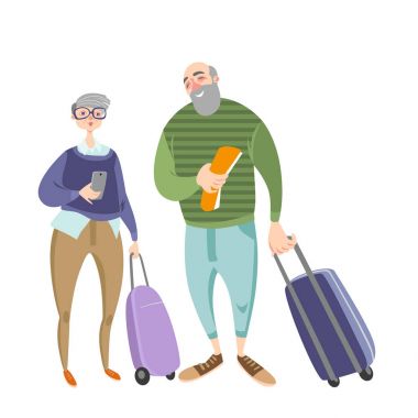 Yaşlı insanlar birlikte seyahat. Beyaz arka plan üzerinde vektör çizim.