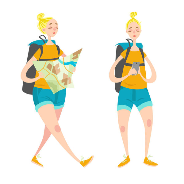 Девушка путешествует с картой и телефоном
. 