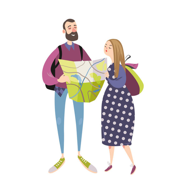 Счастливая пара путешествует вместе. Люди с картой
.  