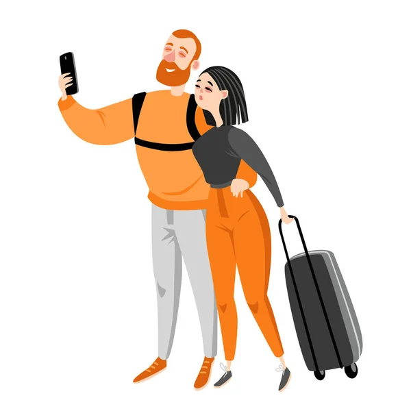 Ευτυχισμένο ζευγάρι ταξιδεύουν μαζί. Ζευγάρι κάνει selfie. — Διανυσματικό Αρχείο