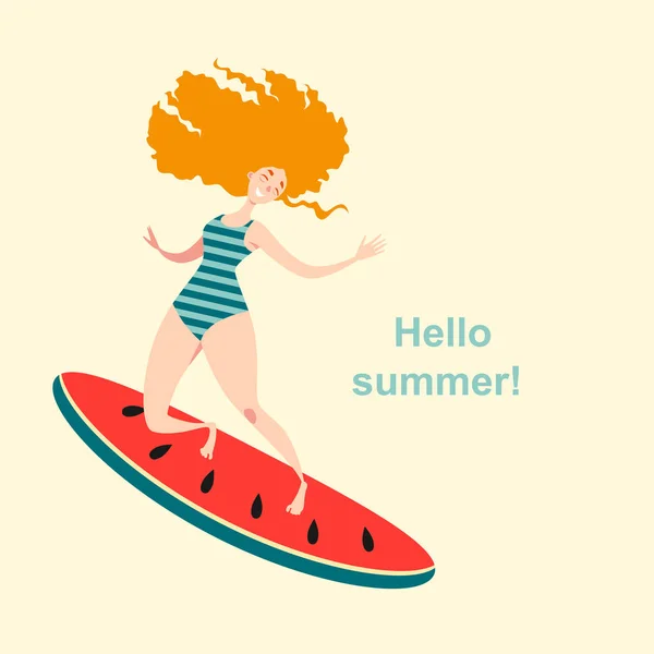 Szczęśliwy ruda dziewczyna w stroju kąpielowym, surfing — Wektor stockowy