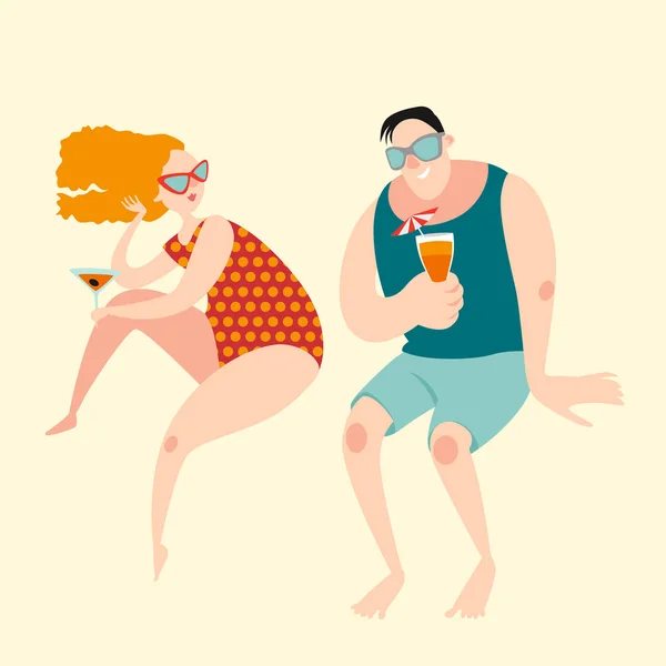 Två roliga seriefigurer dricka cocktails på stranden. — Stock vektor
