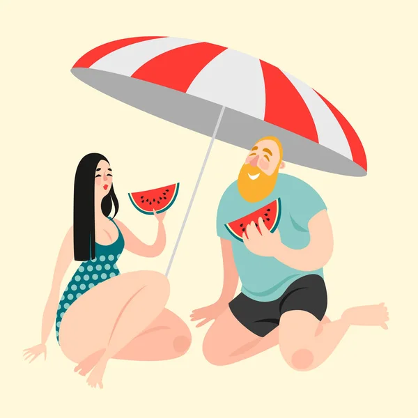 Due divertenti personaggi dei cartoni animati mangiare anguria sulla spiaggia — Vettoriale Stock