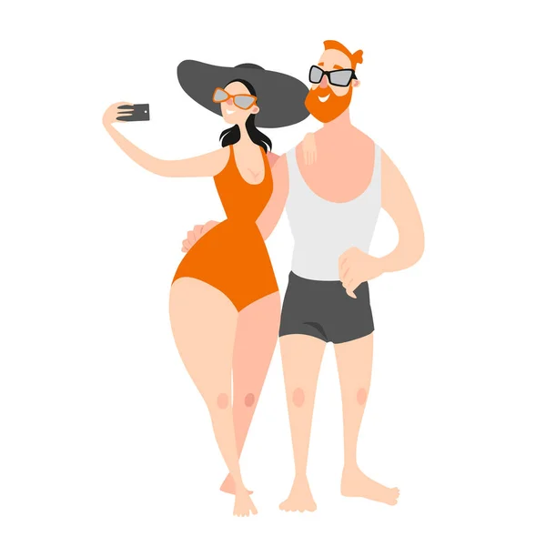 Lyckliga unga par tar selfie på stranden — Stock vektor