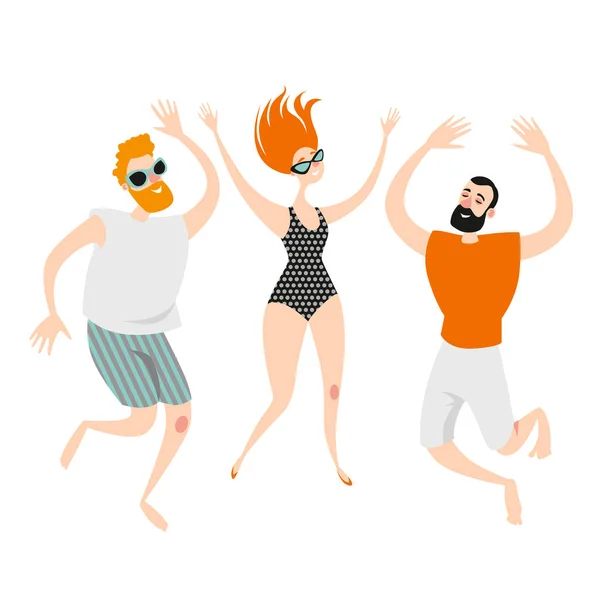 Три смешных героя мультфильмов прыгают по пляжу в купальниках и шортах. Мальчик и девочка танцуют на пляжной вечеринке . — стоковый вектор