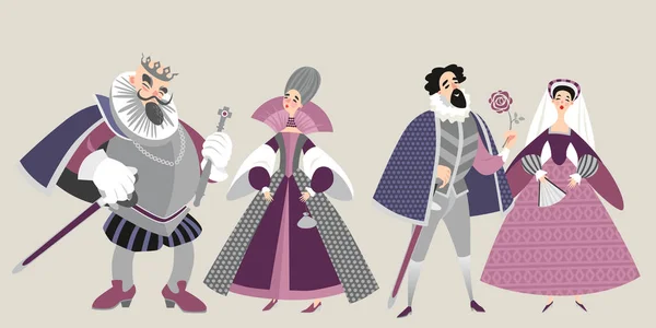 La familia real. Divertidos personajes de dibujos animados en trajes históricos . — Vector de stock
