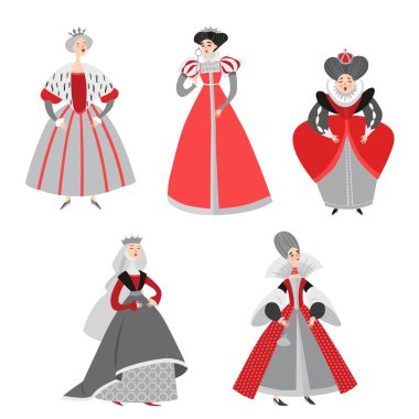 Vektör çizimler komik karikatür Queens tarihi kostümleri kümesi. Masal karakterleri