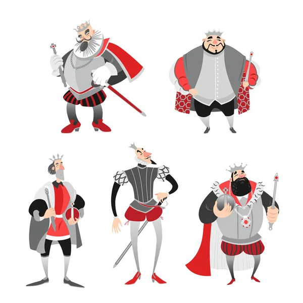 Conjunto de ilustraciones vectoriales de divertidos reyes de dibujos animados en trajes históricos. Personajes de cuento de hadas — Vector de stock