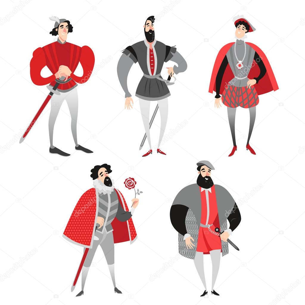Set of vector illustrations of funny cartoon princes in historical costumes. Fairy tale characters