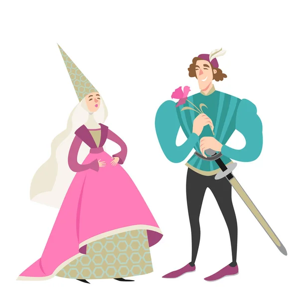 Princess and prince with a flower. Funny cartoon characters in historical costumes. Middle Ages. — Stock Vector