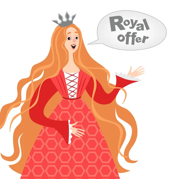 Vektor-Illustration einer glücklichen Cartoon-Prinzessin mit einer Sprechblase. Königliche Angebotsikone. — Stockvektor