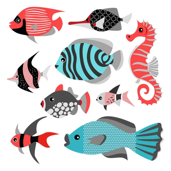 一套有趣的热带鱼的矢量插图。海洋生物. — 图库矢量图片