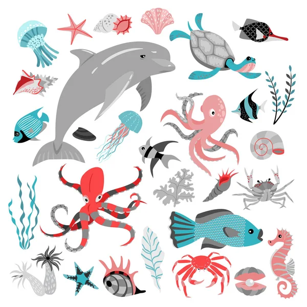 벡터 일러스트 레이 션의 산호, 해 초, 동물, 열 대 물고기의 집합입니다. 바다 생활. — 스톡 벡터