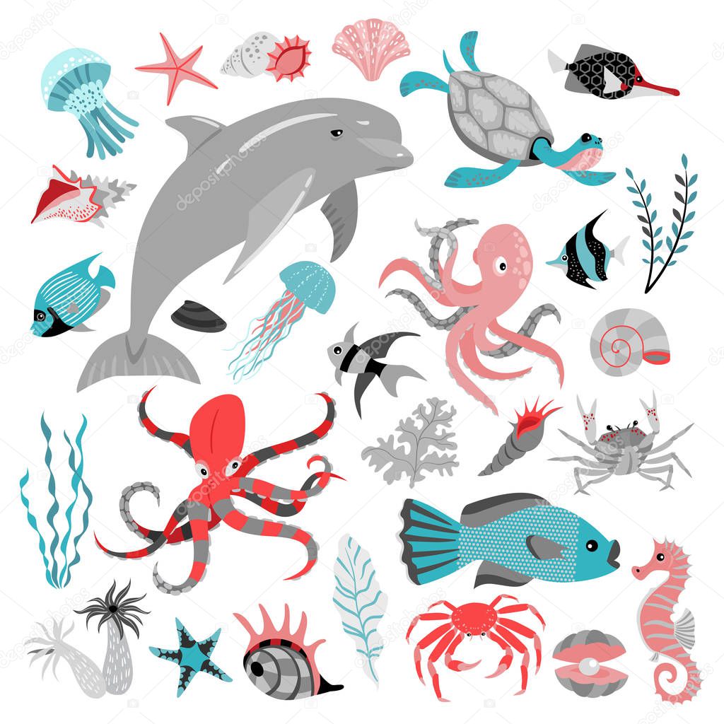 Set of vector illustrations of tropical fish, animal, seaweed and corals.  Sea life. 