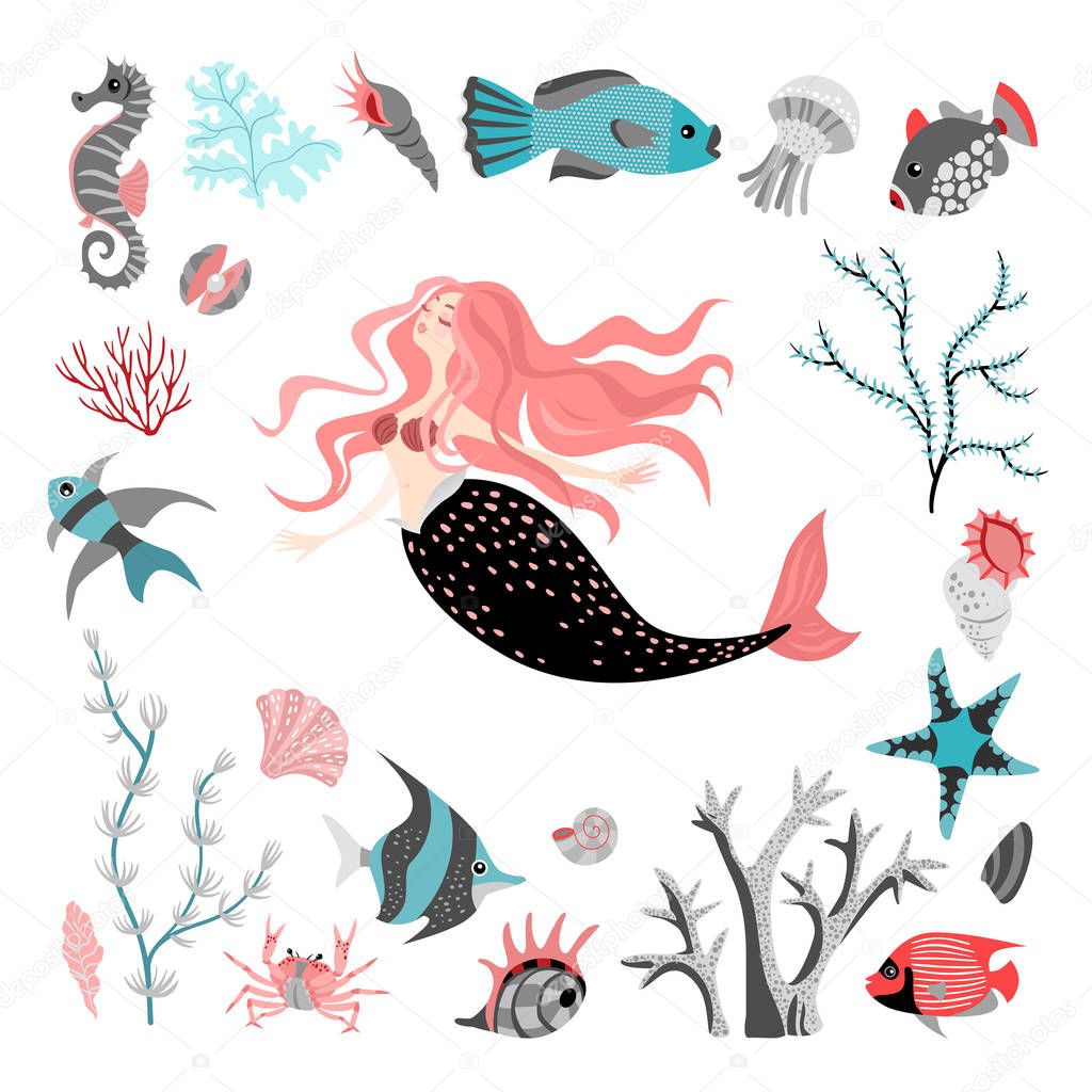 Funny cartoon mermaid surrounded by tropical fish, animal, seaweed and corals.  Sea life.