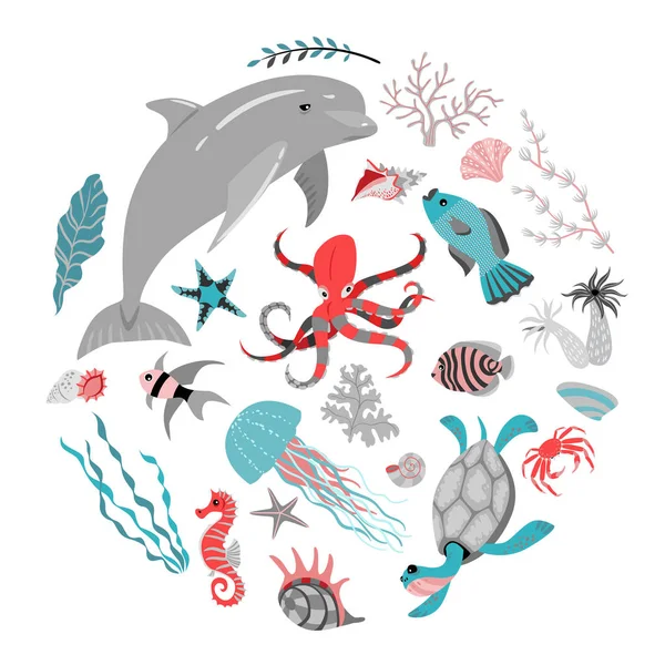 Sada vektorové ilustrace ryb, zvířat, mořské řasy a korály. Mořský život. — Stockový vektor