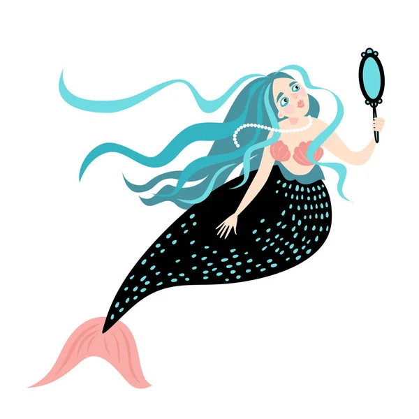 Sirena divertida de dibujos animados con un espejo . — Vector de stock