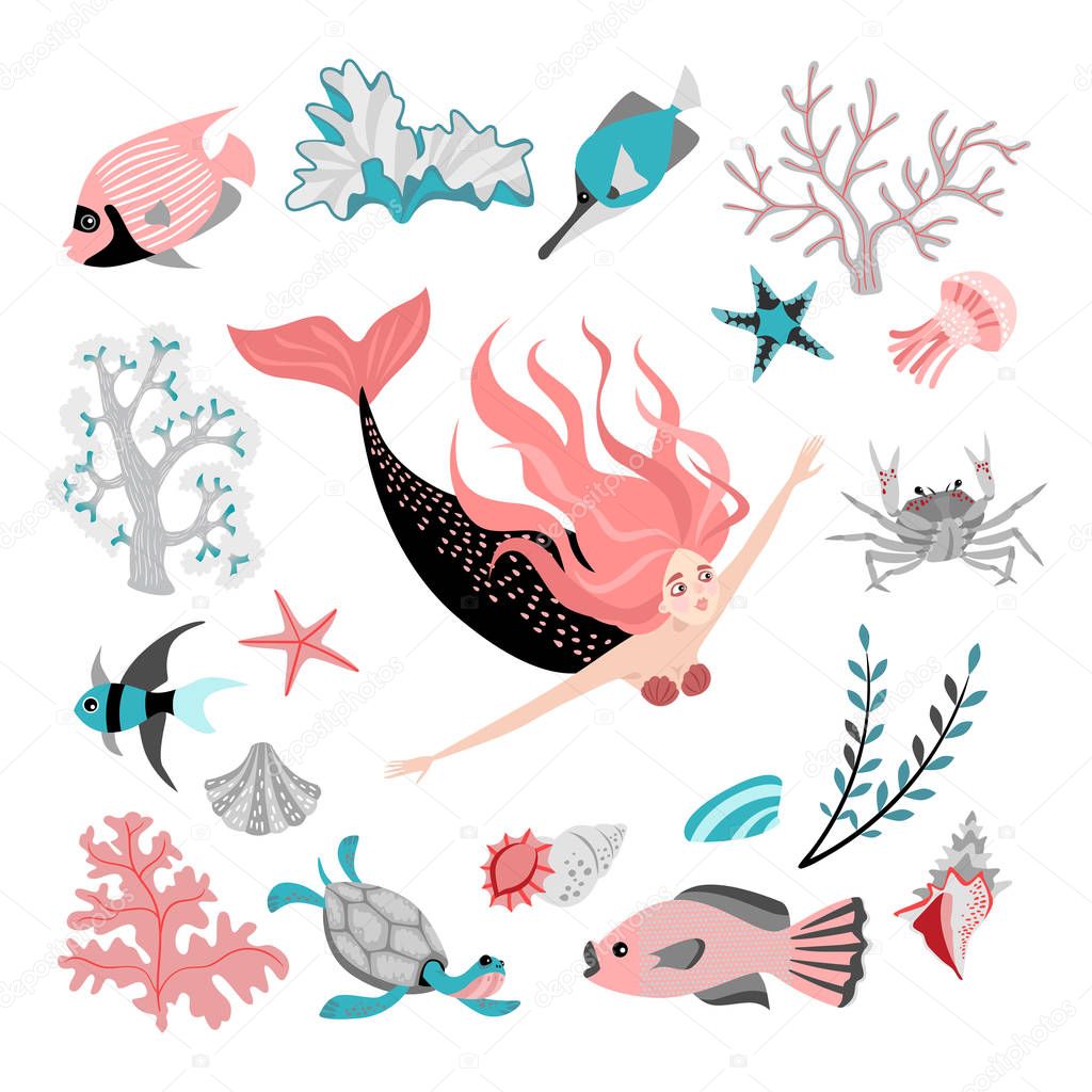 Cartoon mermaid surrounded by tropical fish, animal, seaweed and corals. Fairy tale character.  Sea life. 