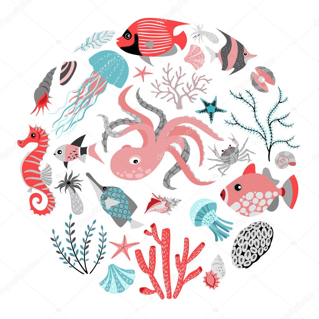 Set of vector illustrations of tropical fish, animal, seaweed and corals.