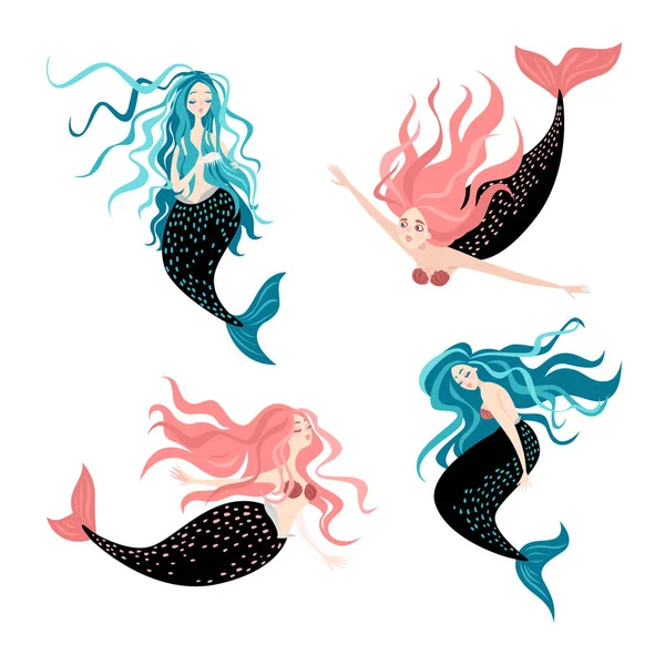 Conjunto de divertidas sirenas de dibujos animados. Personajes de cuento de hadas — Vector de stock