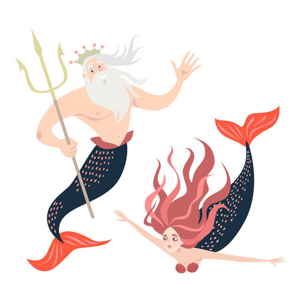 Funny cartoon mermaid and triton. Fairy tale characters.