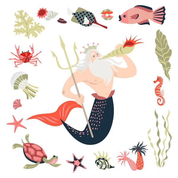 Tritón de dibujos animados rodeado de peces tropicales, animales, algas y corales. Personaje de cuento de hadas. Vida marina . — Vector de stock