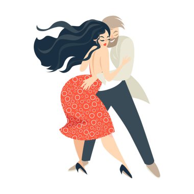 Salsa dansına çizgi film çift. Küba dans. Beyaz arka plan üzerinde izole vektör çizim