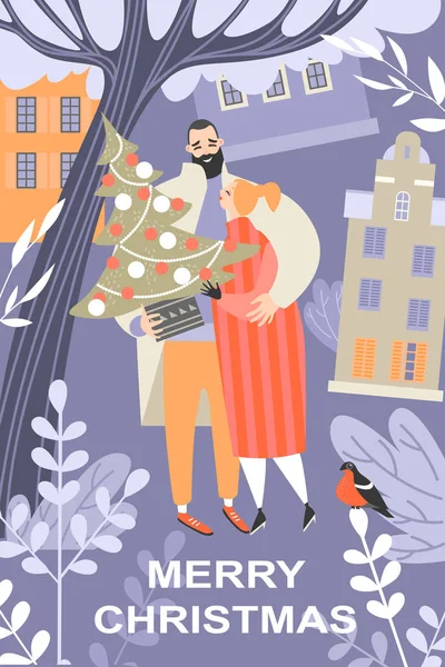 Saludo tarjeta de Navidad con una linda pareja caminando en la ciudad de la noche de invierno con un árbol de Navidad en sus manos — Vector de stock