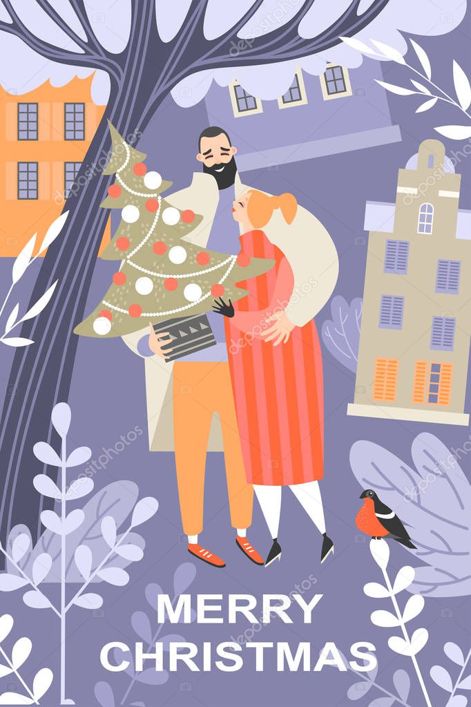 Greeting Christmas card with a cute couple walking in the winter night city with a Christmas tree in their hands
