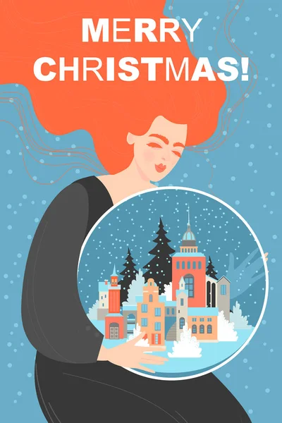 크리스마스 카드 안에 겨울 도시 경관 이 있는 넓은 눈 지구본을 들고 있는 소녀 — 스톡 벡터