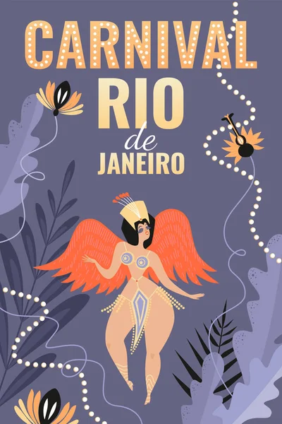 Disegno poster per il Carnevale brasiliano a Rio de Janeiro con una divertente ragazza dei cartoni animati in costume per samba e fiori esotici sullo sfondo — Vettoriale Stock