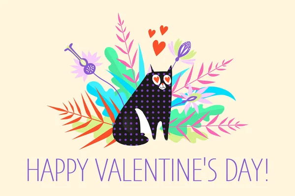 Cartão de saudação do Dia dos Namorados com um gato de desenho animado em um fundo de flores —  Vetores de Stock