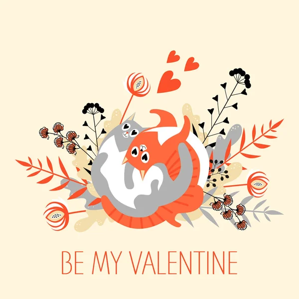 O cartão de dia de Valentim vintage com um par de gatos de desenhos animados em um fundo de flores —  Vetores de Stock