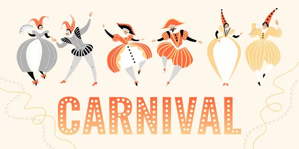 Banner de carnaval con personajes divertidos en trajes y tocados italianos tradicionales — Vector de stock