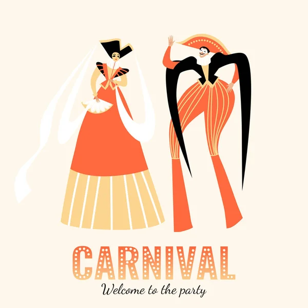 Banner de carnaval con carácter divertido en trajes italianos tradicionales en zancos — Vector de stock