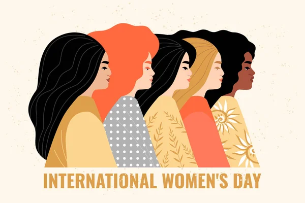 Bannière de félicitations pour la Journée internationale de la femme. Illustration vectorielle avec des femmes heureuses différentes nationalités . — Image vectorielle