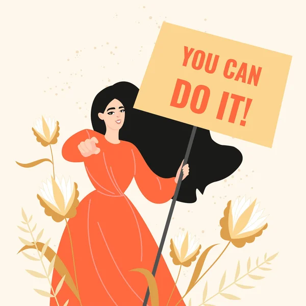 Illustration of a girl with a motivating poster in her hands in vintage colors. — Stock Vector