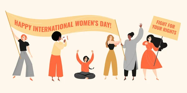 Vector congratulatory banner for International Women's Day with cute young women holding a poster and banner. — Stock Vector