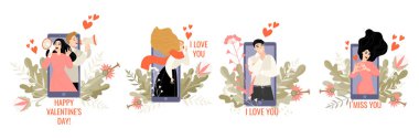 Sevgililer Günü 'nü kutlayan ve büyük akıllı telefonların arka planında aşklarını ilan eden insanların olduğu vektör kavramsal çizimler.