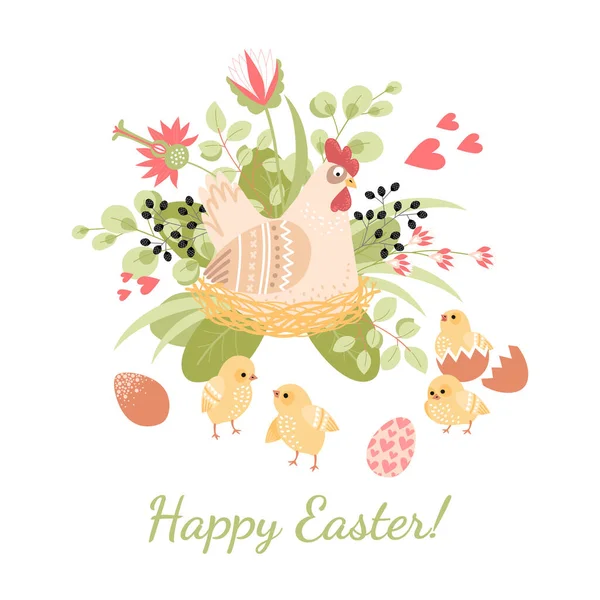 Szczęśliwa kartka Wielkanocna z uroczą kurą, kurczakami i jajkami na tle kwiatów i liści. — Wektor stockowy
