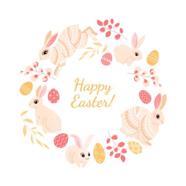 Happy Easter greeting card with cute rabbits, eggs and leaves