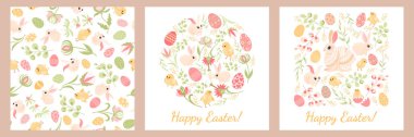 Set of cards and texture for Easter. Images of cute cartoon rabbits, chickens, eggs and plant elements for design.