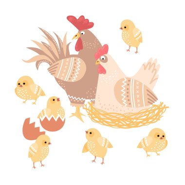 Beyaz arka planda sevimli horoz, tavuk ve tavuklar..