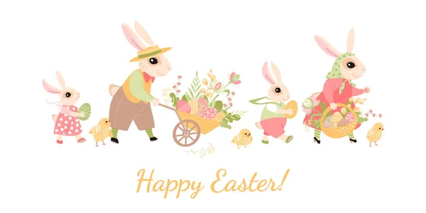 Vector Easter greeting banner with a happy family of Easter bunnies carrying painted eggs and flowers and little chickens with them.