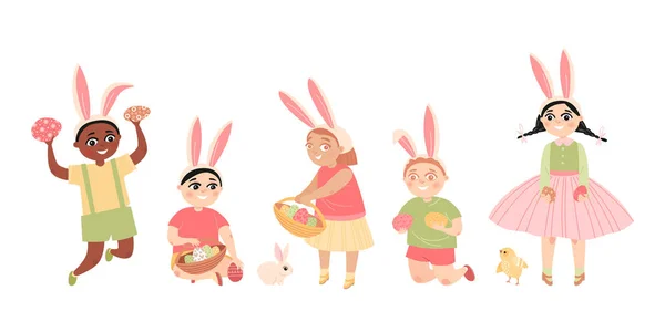 Imágenes de Pascua. Niños con huevos pintados en sus manos, pollo lindo y conejo aislado sobre fondo blanco . — Vector de stock