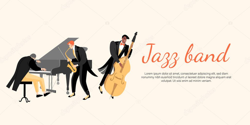 Jazz band concert banner with pianist, saxophonist and double bass player. Vector illustration in a flat style.