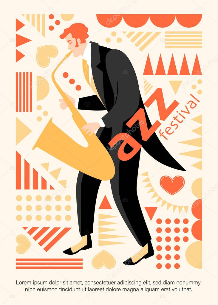 Jazz festival banner with saxophonist on a decorative background in retro style. Flat vector illustration.
