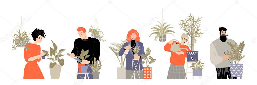 Set of images of people caring for home plants. Men and women watering, transplanting flowers, sprayers and rubbing leaves, loosening the soil. Vector isolated illustration.