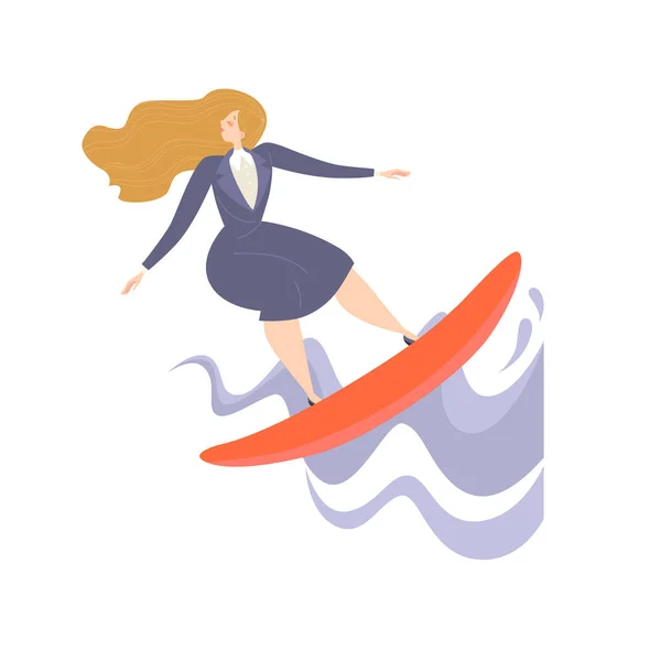 Young woman in a suit is surfing. Businesswoman or manager on the wave of success. Symbolic vector illustration isolated on white background.