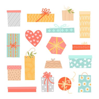 Hediye kutuları ve paketlerin düz stil vektör çizimleri. Beyaz arkaplandaki izole görüntü.